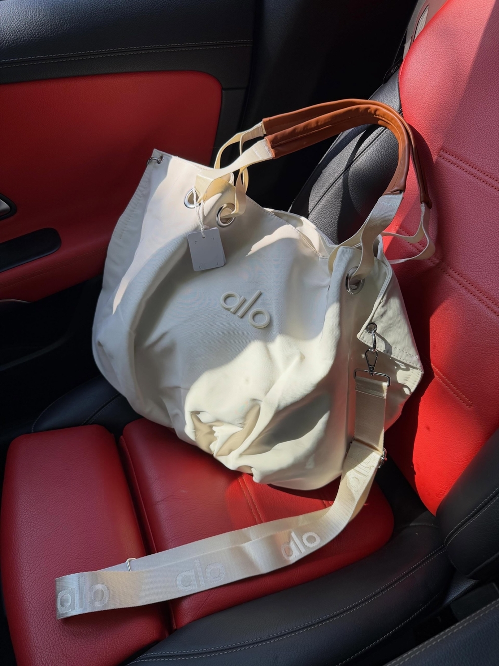 ALO Yoga Cream Tote with Tan Handles and Strap